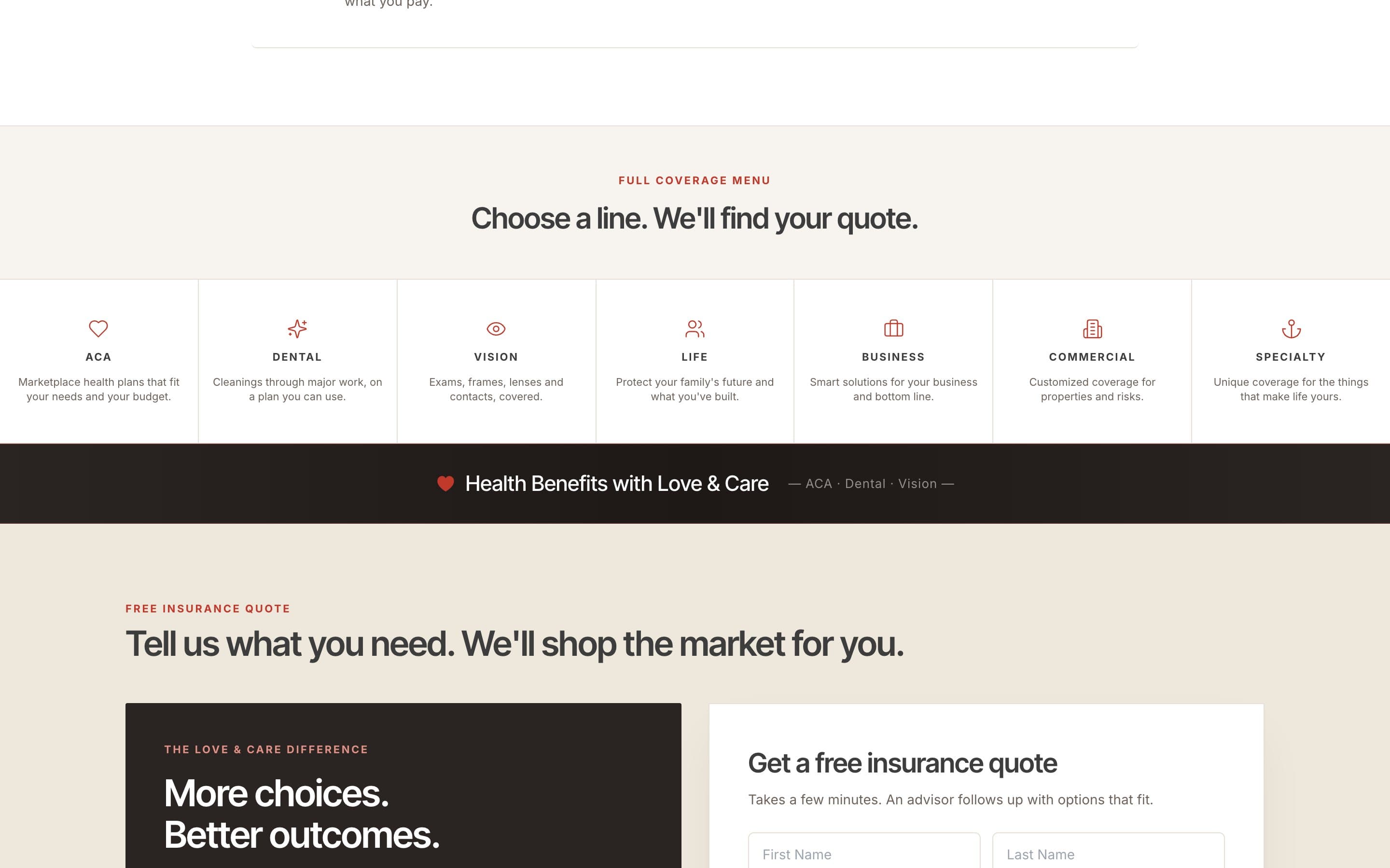 Love & Care website: the coverage menu and free quote form.