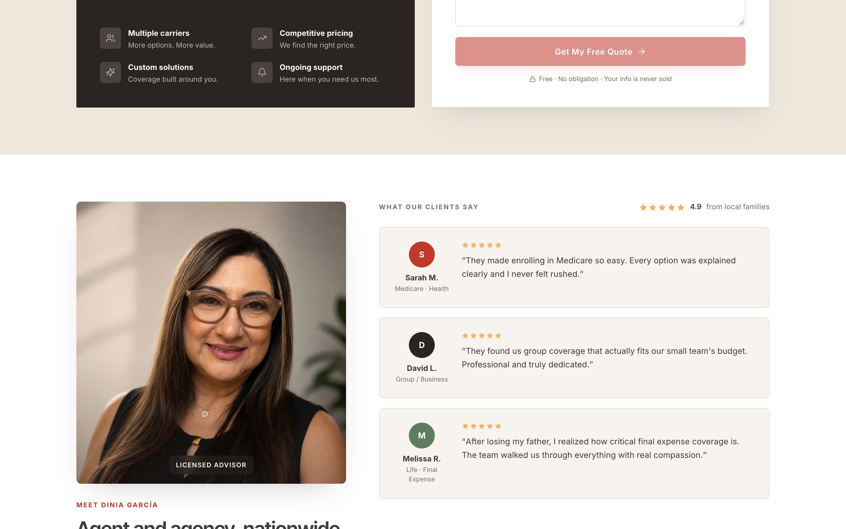 Love & Care website: the advisor and client reviews.