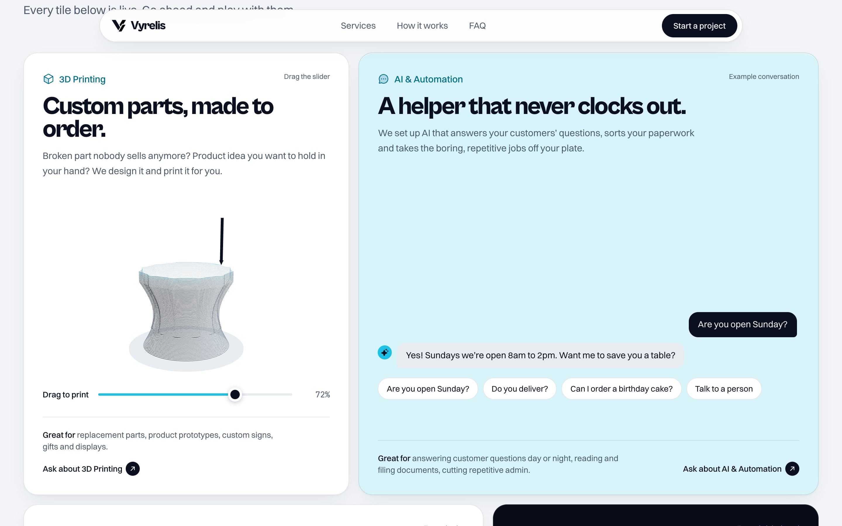 Vyrelis website: live service demos.