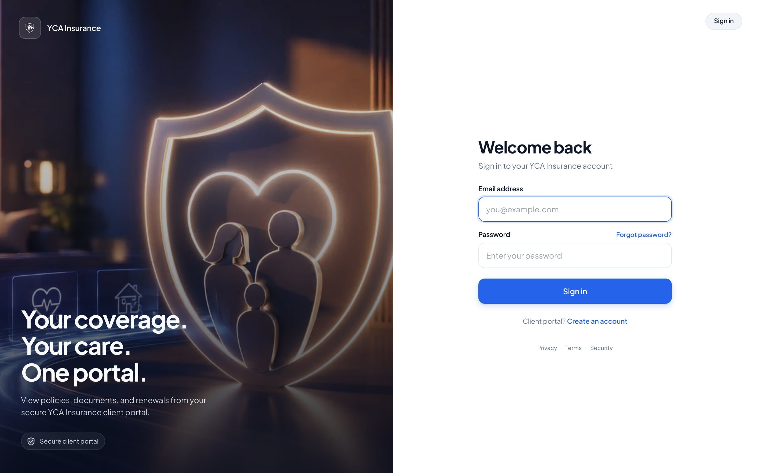 YCA Insurance: main screen.