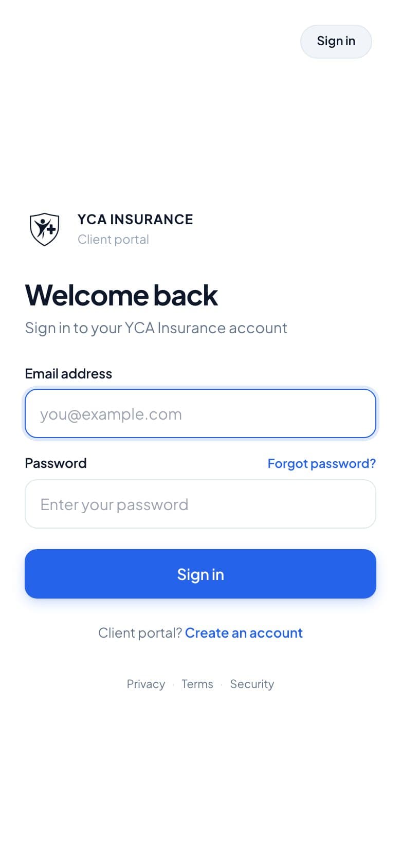YCA Insurance client portal sign-in on a phone.