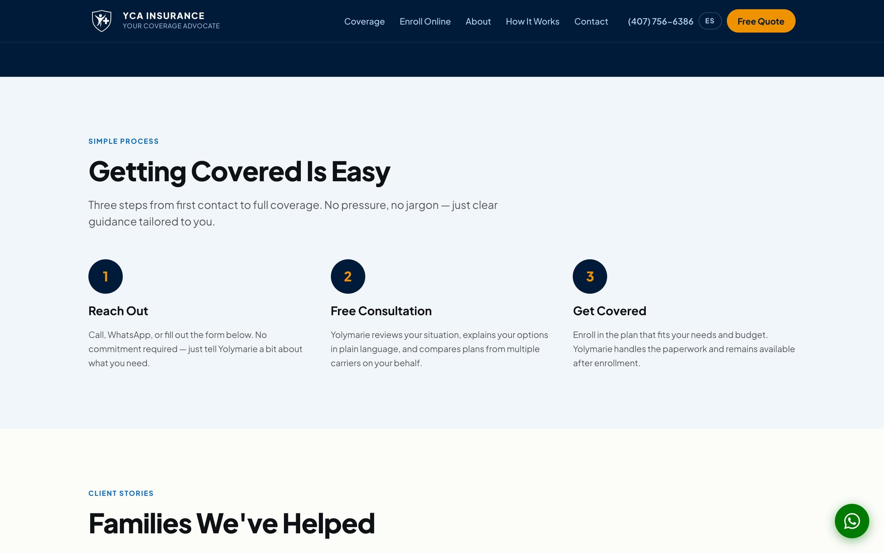 YCA Insurance website: a simple three-step process to get covered.