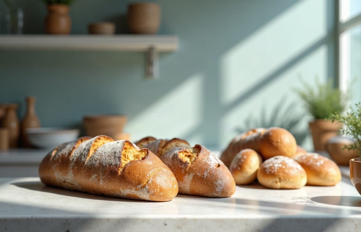 Fresh loaves on a bakery counter.