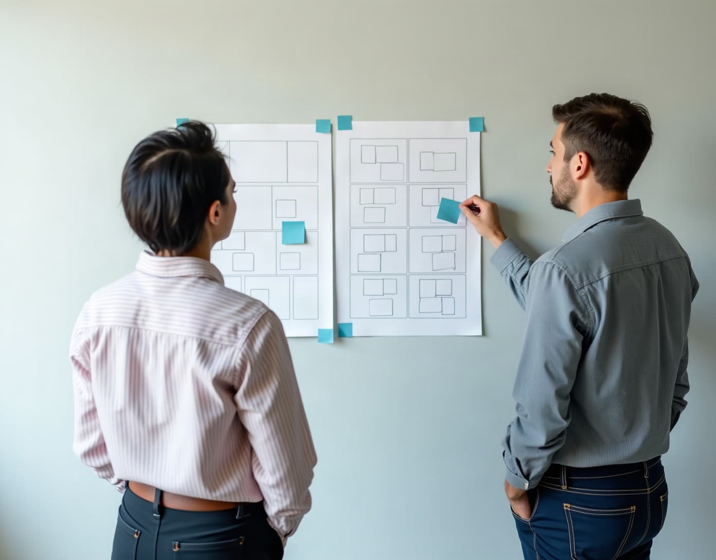 Two people reviewing layout sketches pinned to a wall.