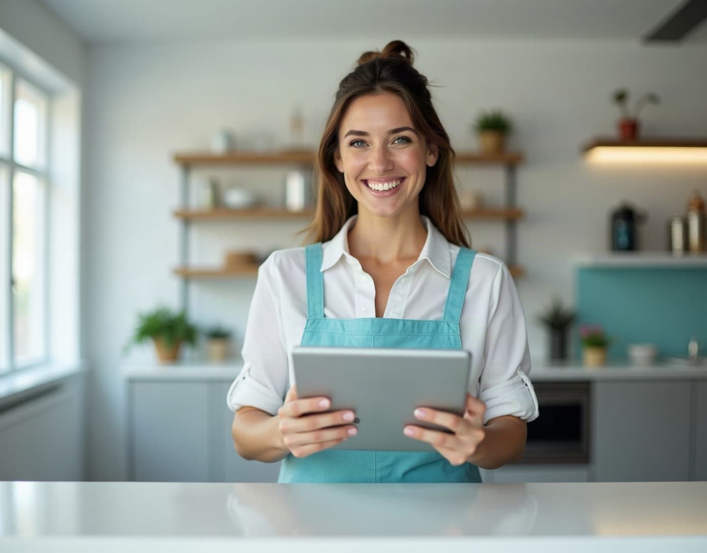 A smiling cafe owner holding a tablet behind the counter.