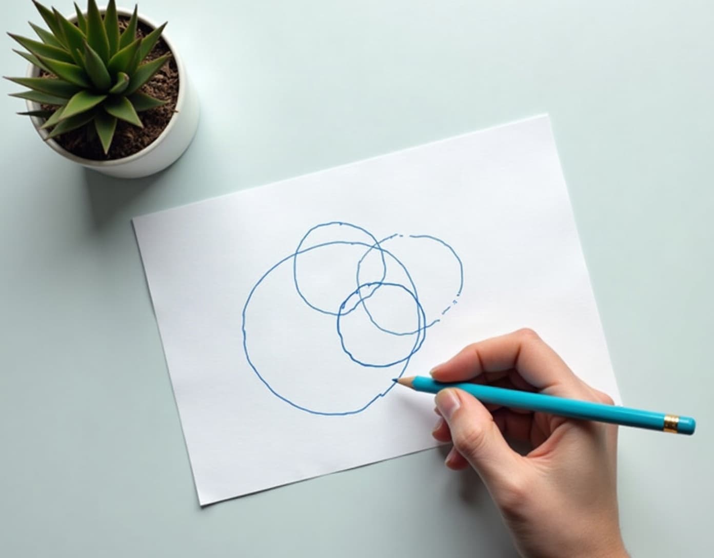 A hand sketching simple shapes with a cyan pencil.