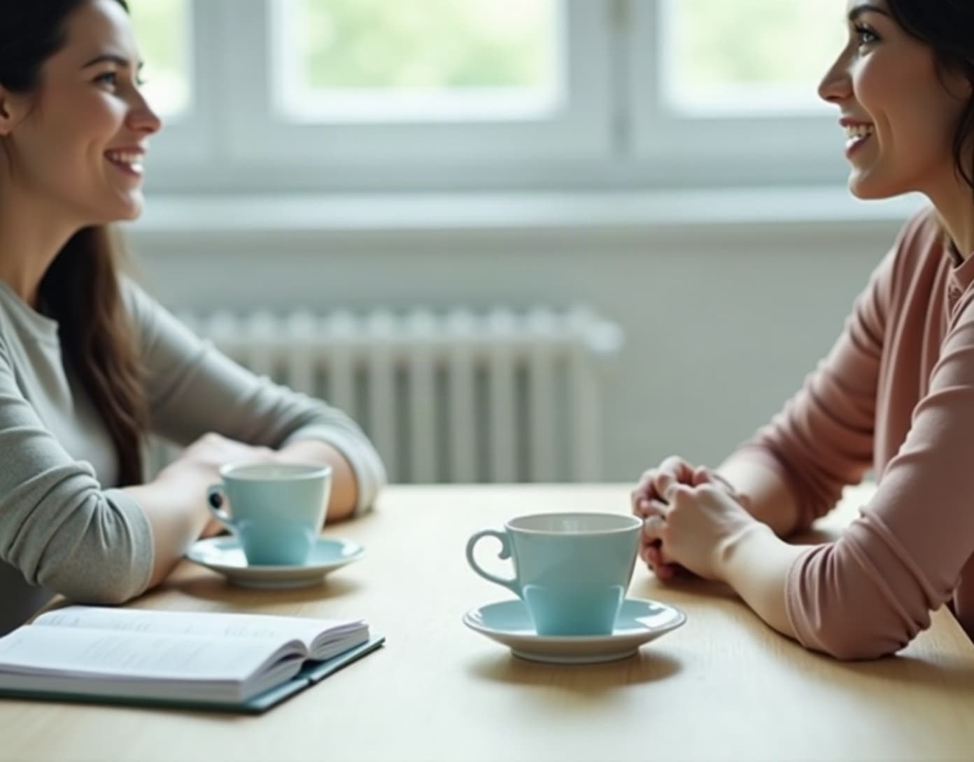 Two people chatting over coffee at a bright table.